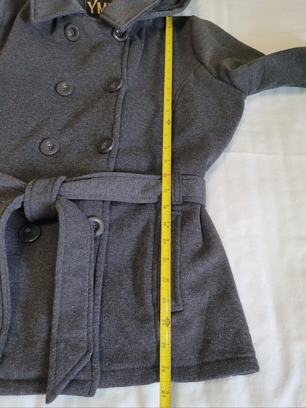 YMI Double-Breasted Jersey Knit Pea Coat, Hooded & Belted - Sz L, Gray, GUC - Picture 11 of 11